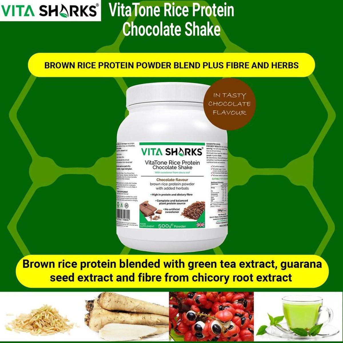 VitaTone chocolate brown rice protein powder tub with chicory root, guarana, and green tea ingredients on green background.