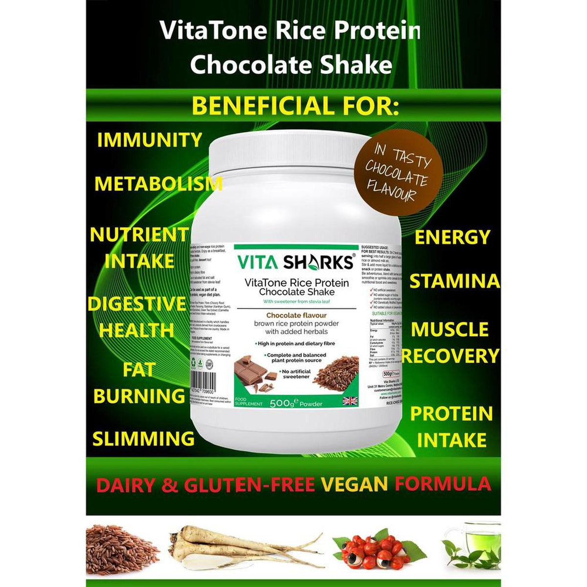 VitaTone 500g chocolate brown rice protein powder tub with green and white branding, surrounded by rice and tea leaves.