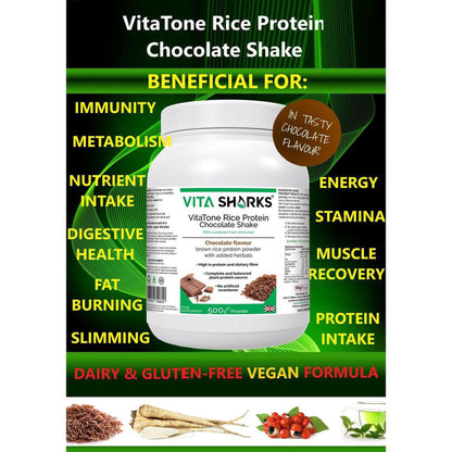 VitaTone 500g chocolate brown rice protein powder tub with green and white branding, surrounded by rice and tea leaves.