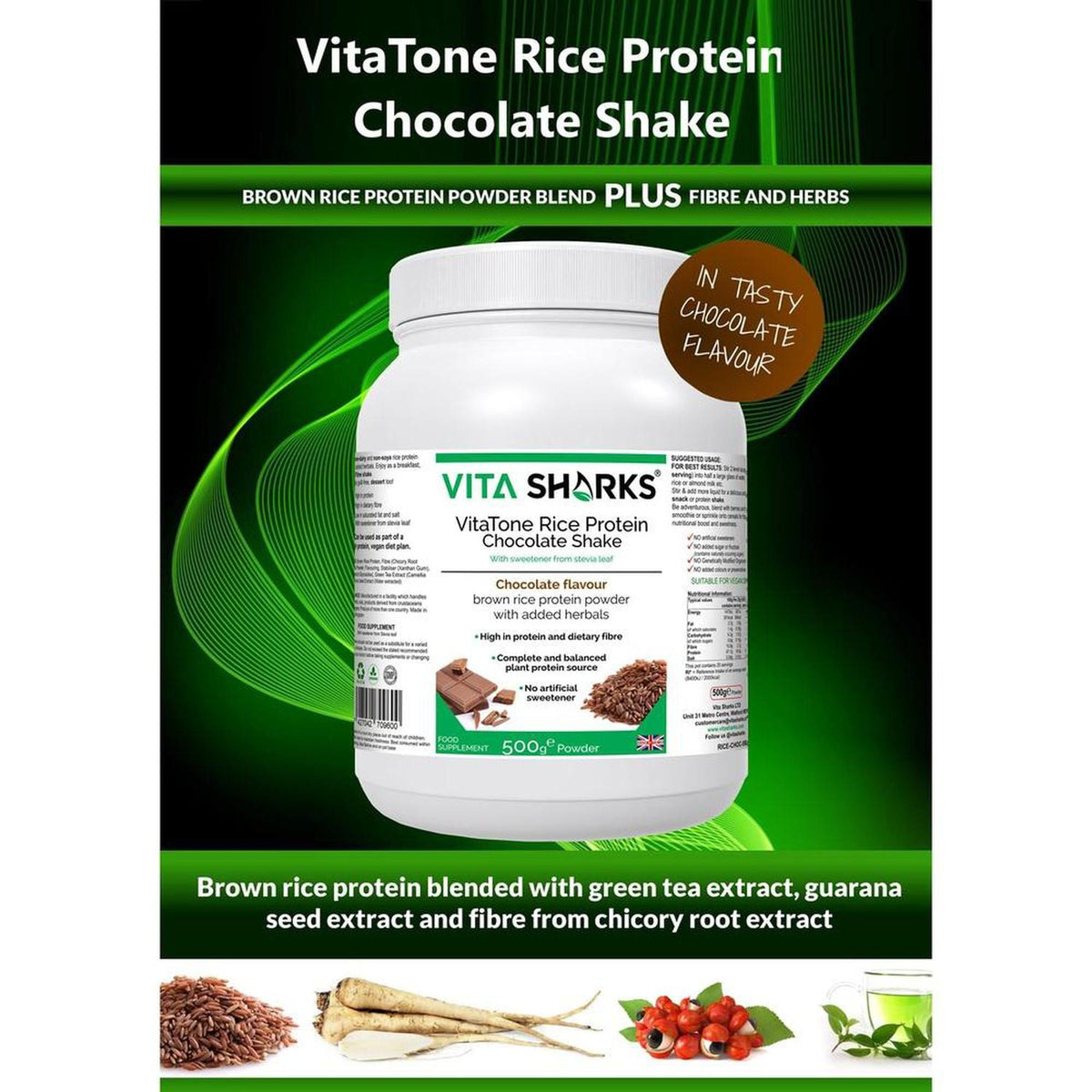 White tub of VitaTone chocolate brown rice protein powder with green accents, featuring herbal ingredients and nutritional info.