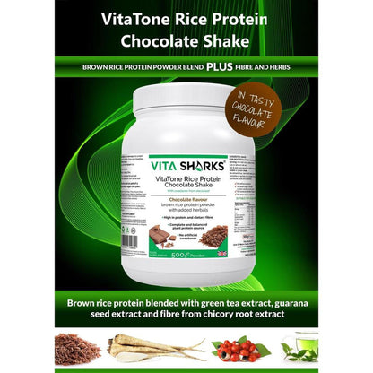 White tub of VitaTone chocolate brown rice protein powder with green accents, featuring herbal ingredients and nutritional info.