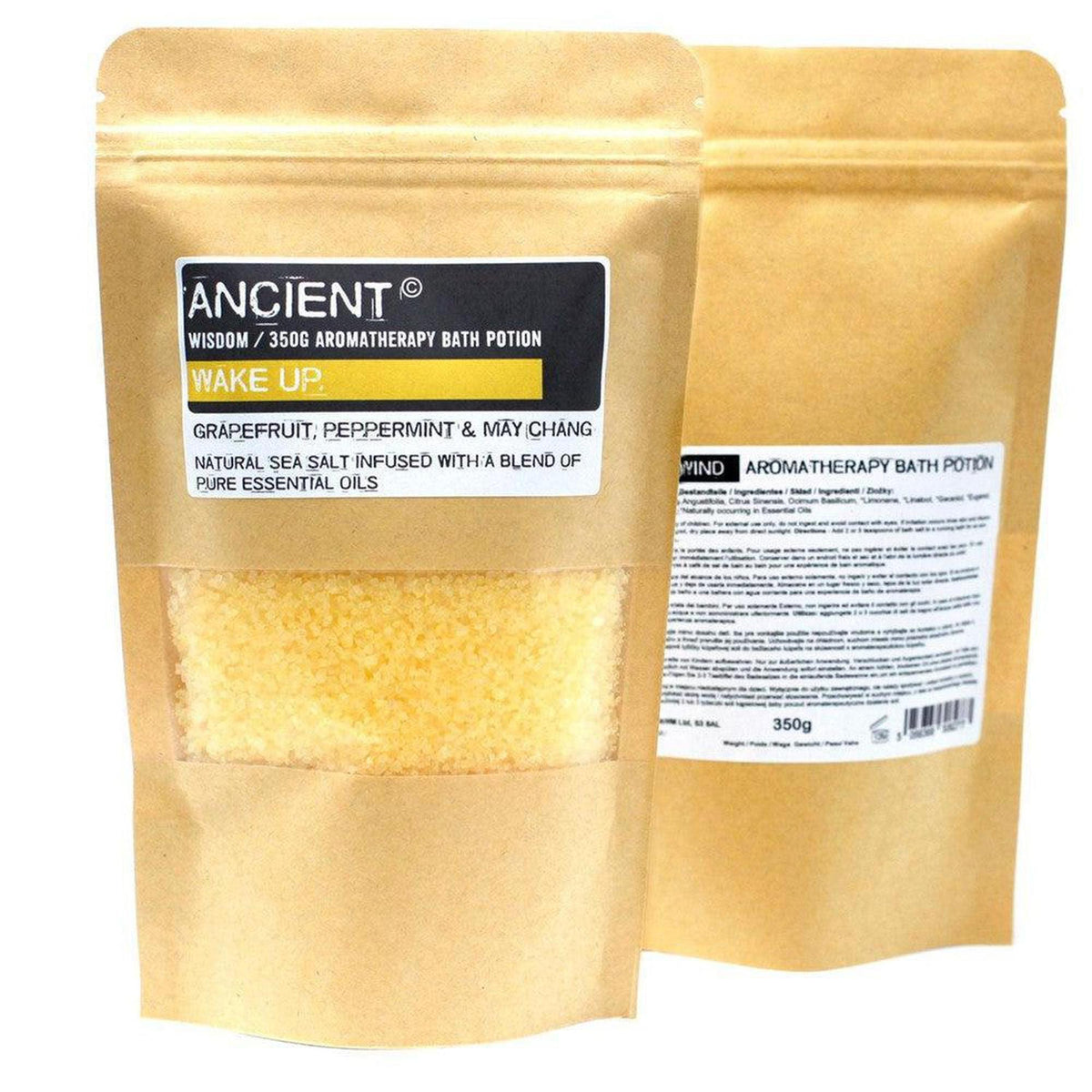 350g Wake Up aromatherapy bath potion in a brown resealable pouch with yellow sea salt visible through a clear window.