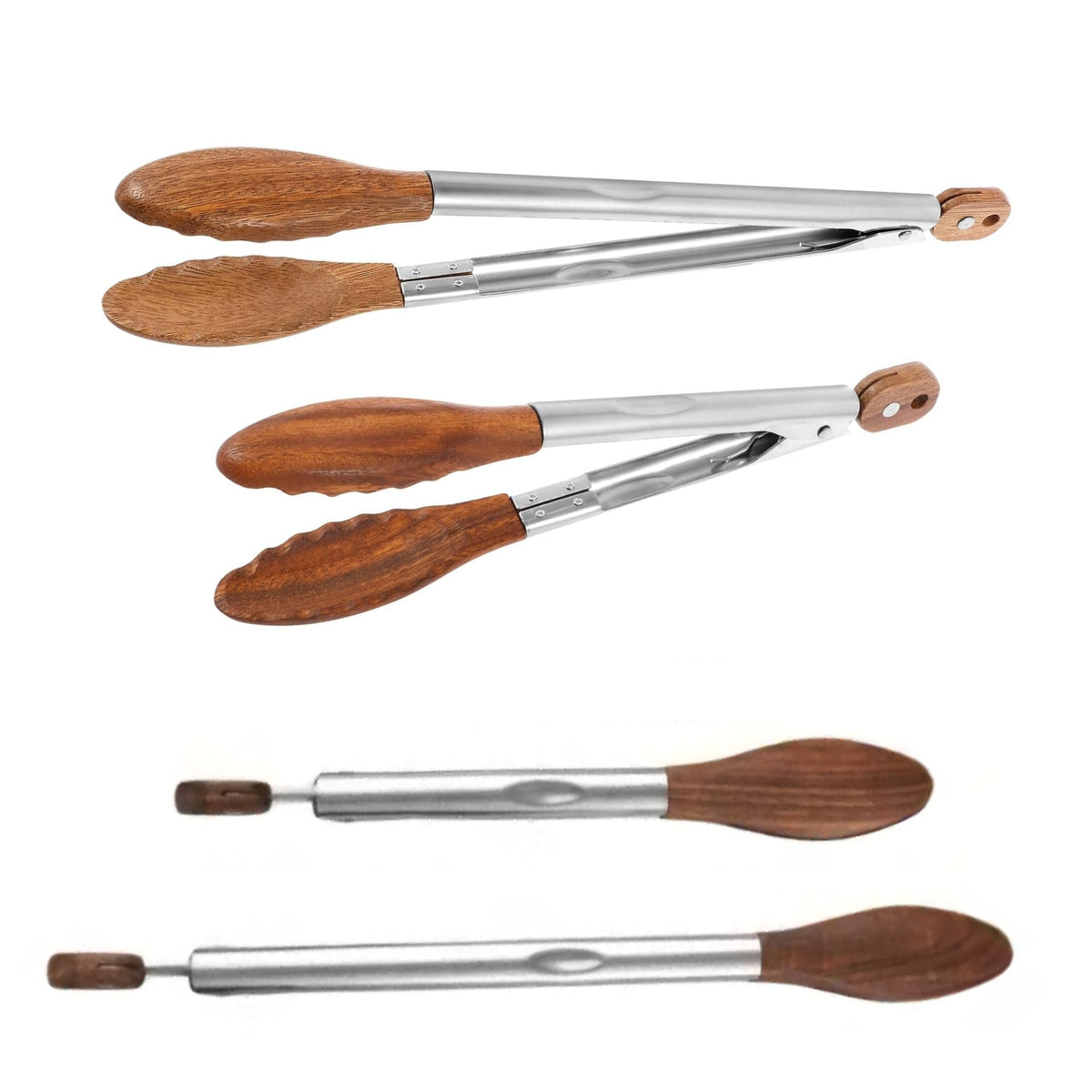 Two kitchen tongs with stainless steel frames and natural walnut wood heads for non-stick cookware.