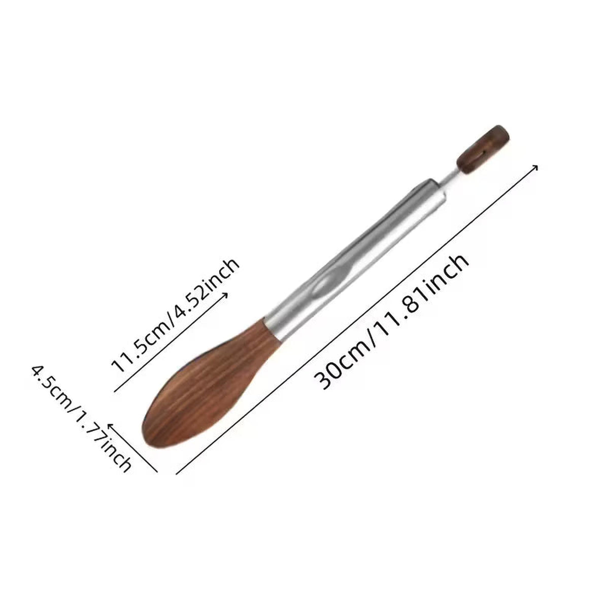 11.8-inch kitchen tongs with natural walnut wood heads and a stainless steel frame featuring measurement dimensions.