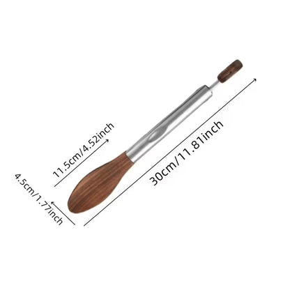 11.8-inch kitchen tongs with natural walnut wood heads and a stainless steel frame featuring measurement dimensions.