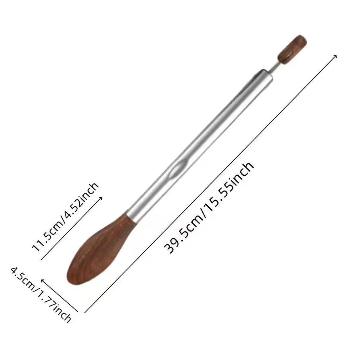 Stainless steel kitchen tongs with walnut wood heads, featuring dimension labels for length and width.