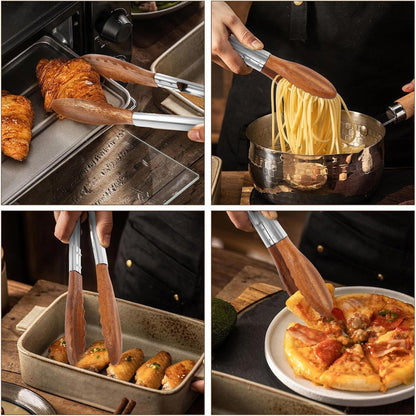 Stainless steel kitchen tongs with natural walnut wood heads for cooking, grilling, and serving food.