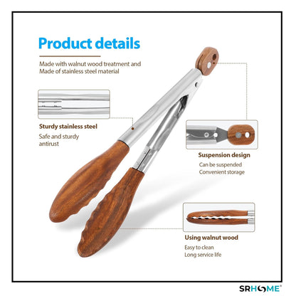 Kitchen tongs with stainless steel frames and walnut wood heads featuring a hanging loop for convenient storage.