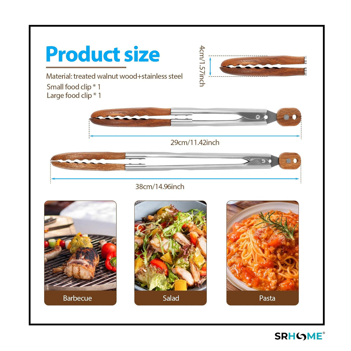 Two stainless steel kitchen tongs with walnut wood heads, shown in 11.4 and 14.9-inch sizes for grilling, salads, and pasta.