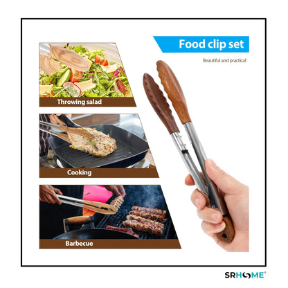 Stainless steel kitchen tongs with walnut wood heads, shown in use for salad, cooking, and barbecue grilling.