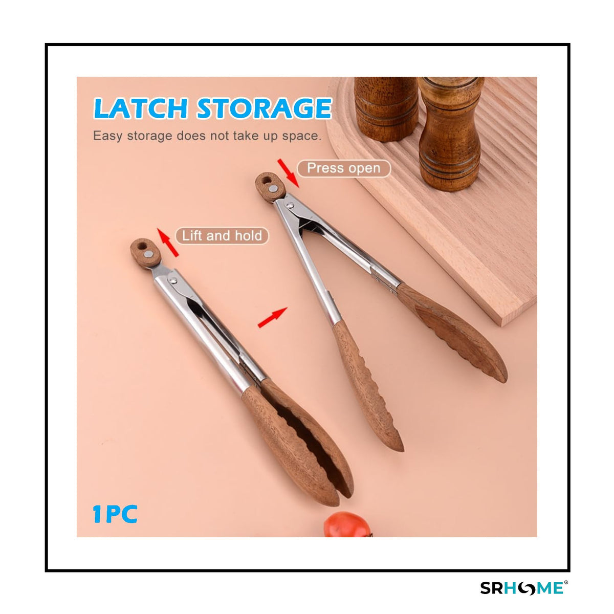 Two stainless steel kitchen tongs with walnut wood heads and a locking latch mechanism for compact storage.