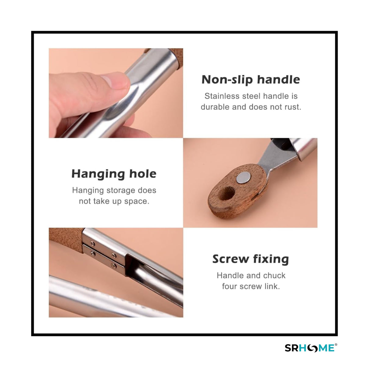 Stainless steel kitchen tongs with walnut wood details, featuring non-slip handles, hanging holes, and secure screw fixings.