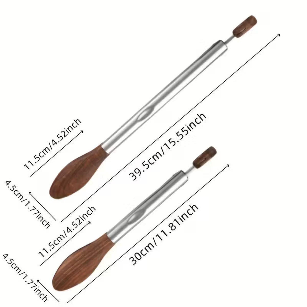 Two kitchen tongs with stainless steel frames and walnut wood heads, shown with size measurements in inches and centimeters.