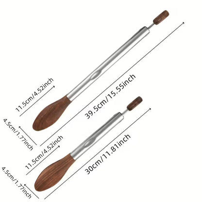 Two kitchen tongs with stainless steel frames and walnut wood heads, shown with size measurements in inches and centimeters.