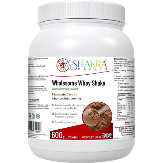 White 600g tub of Shakra Health chocolate whey protein powder with nutritional information and branding on the label.