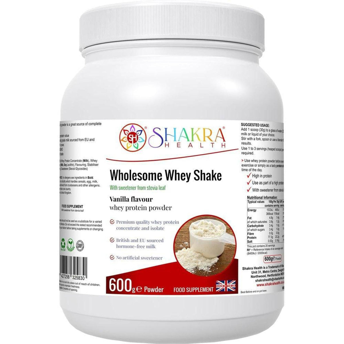 White 600g tub of Shakra Health Wholesome Vanilla Whey Shake protein powder with detailed nutritional label.