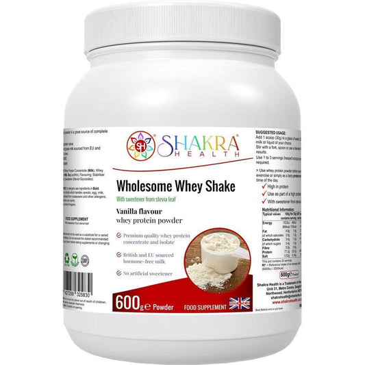 White 600g tub of Shakra Health Wholesome Vanilla Whey Shake protein powder with detailed nutritional label.
