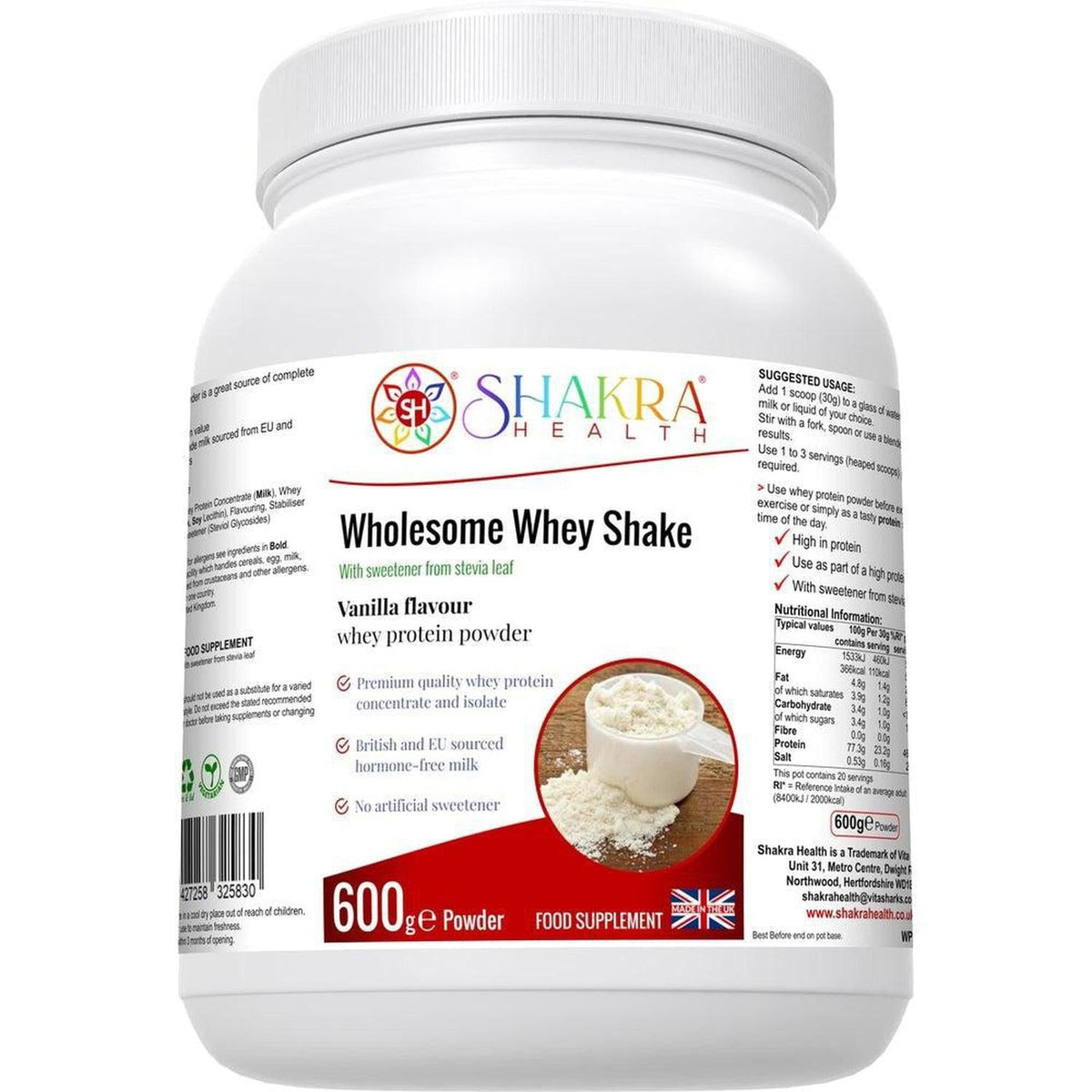 White tub of Wholesome Whey Shake vanilla protein powder with a red and white label featuring nutritional information.