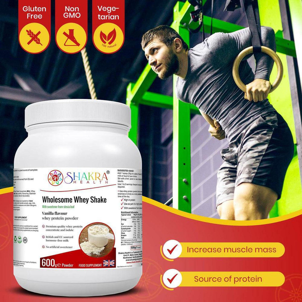 Wholesome Whey Shake vanilla protein powder tub next to a man using gymnastic rings, featuring dietary icons.