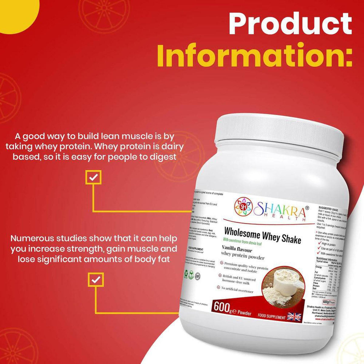 Wholesome Whey Shake vanilla protein powder tub with nutritional information and benefits on a red background.
