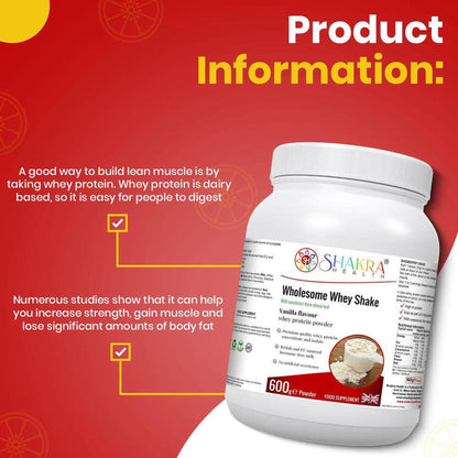 Wholesome Whey Shake vanilla protein powder tub with nutritional information and benefits on a red background.