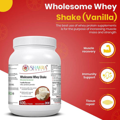 White tub of Shakra Health Wholesome Whey Vanilla protein powder with a 600g label against a red background.