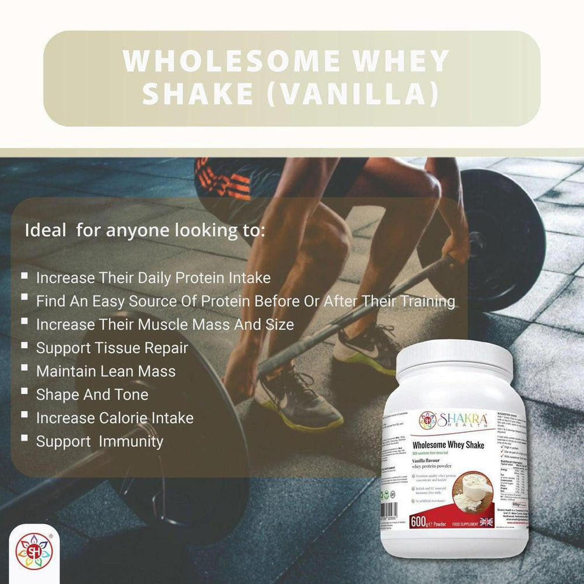 Wholesome Whey Shake vanilla protein powder tub in a 600g size with a gym background and fitness benefit list.