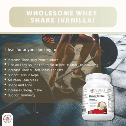 Wholesome Whey Shake vanilla protein powder tub in a 600g size with a gym background and fitness benefit list.