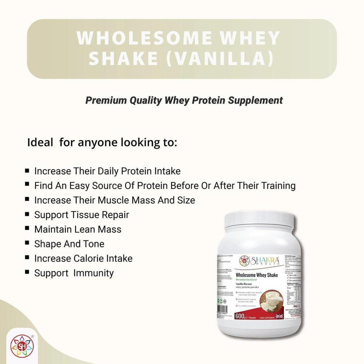 Wholesome Whey Shake vanilla protein powder tub with a white label and 600g capacity on a white background.