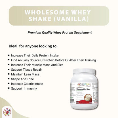Wholesome Whey Shake vanilla protein powder tub with a white label and 600g capacity on a white background.