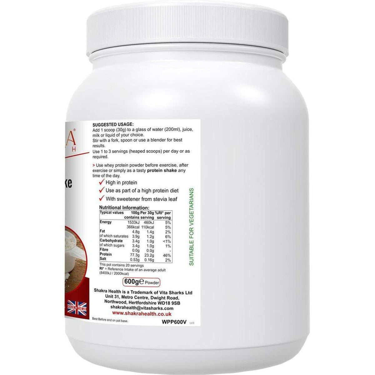 White plastic tub of Wholesome Whey Shake with a detailed nutritional information label and suggested usage instructions.