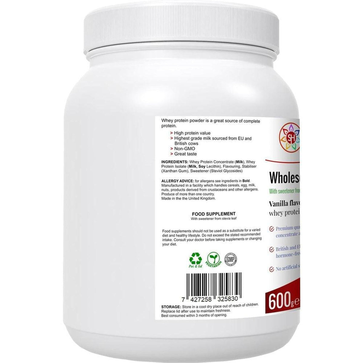 White 600g tub of Wholesome Whey Vanilla protein powder with a detailed ingredient and nutrition label.
