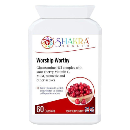 White bottle of Worship Worthy 60 capsules with a label featuring a bowl of red cherries and Shakra Health branding.