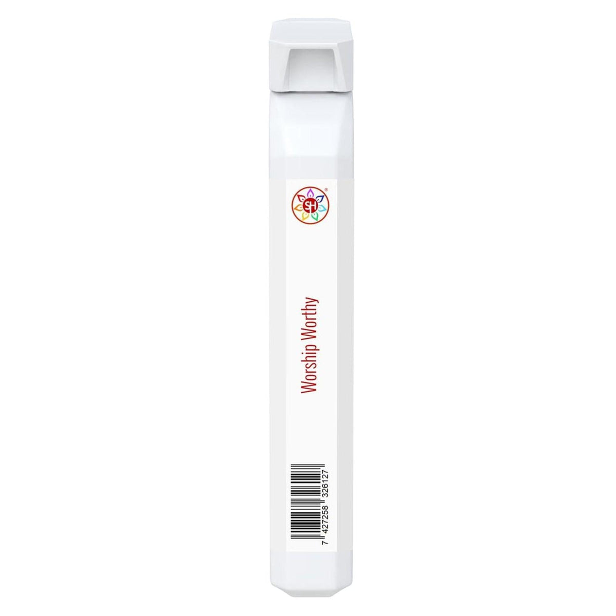 Slim white Worship Worthy supplement stick pack with a colorful circular logo and barcode on a clean white background.