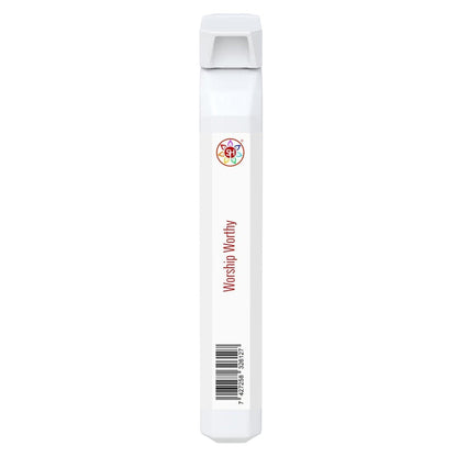 Slim white Worship Worthy supplement stick pack with a colorful circular logo and barcode on a clean white background.