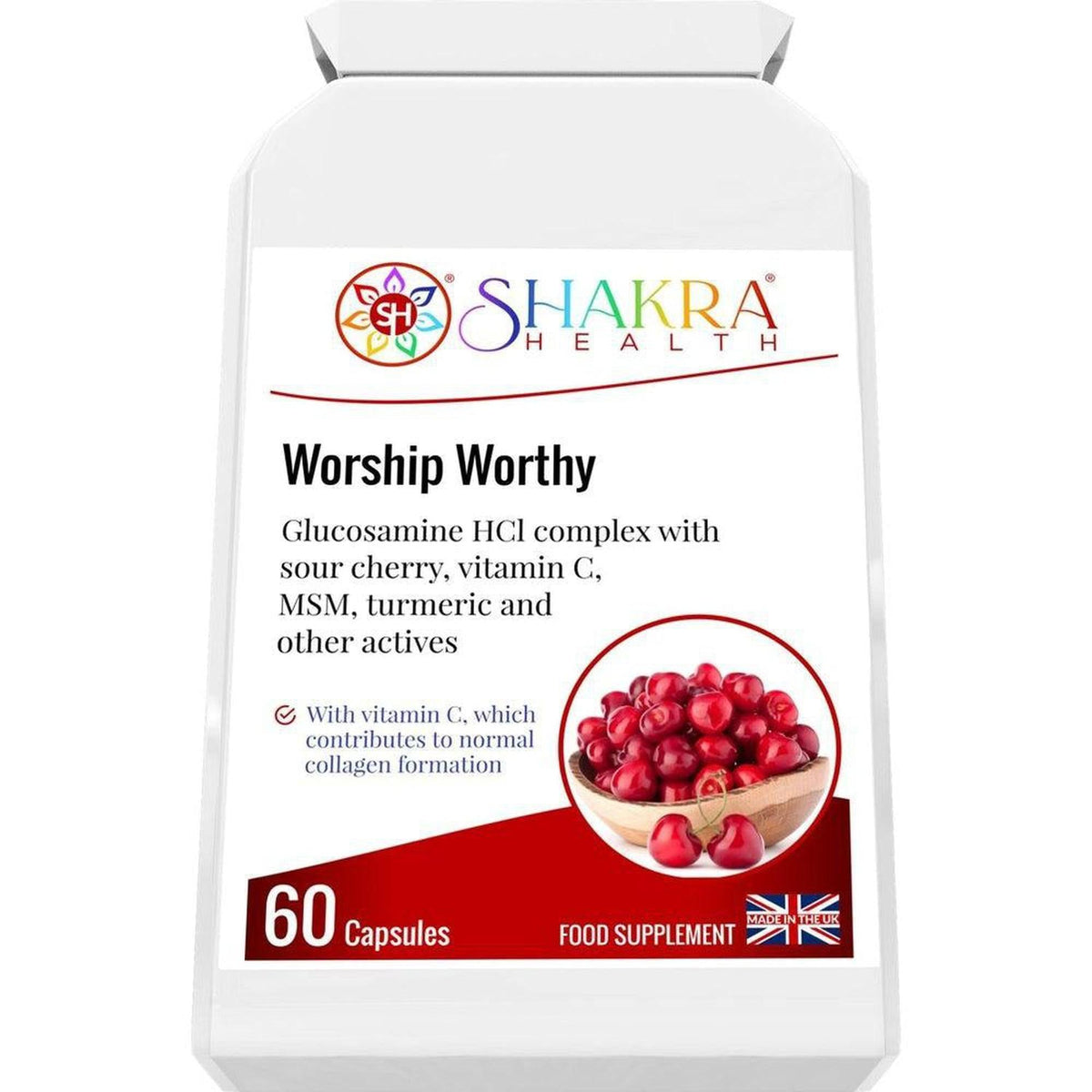 White bottle of Shakra Health Worship Worthy capsules featuring a circular image of fresh red cherries.