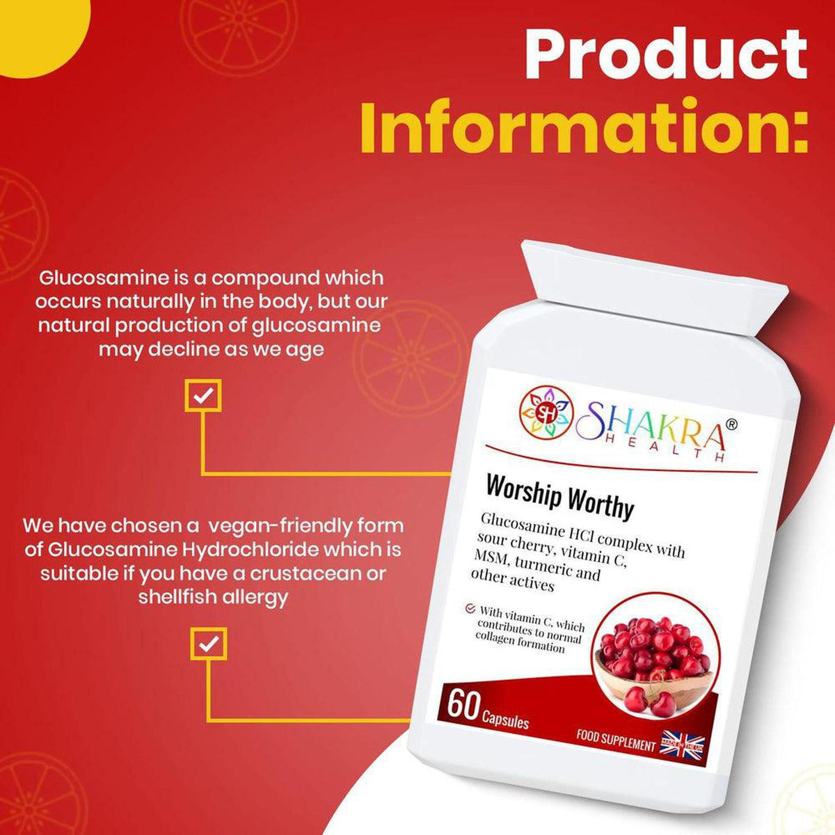 White bottle of Worship Worthy supplement with red label, cherry imagery, and text on a vibrant red background.