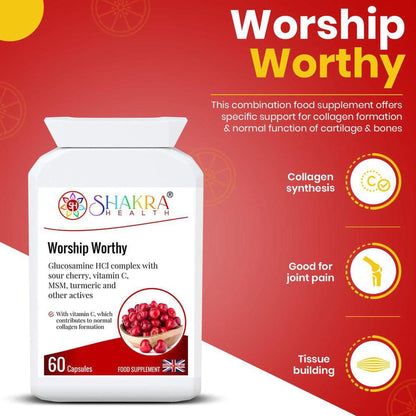 White bottle of Worship Worthy supplement with red label, 60 capsules, featuring Shakra Health branding and ingredient icons.