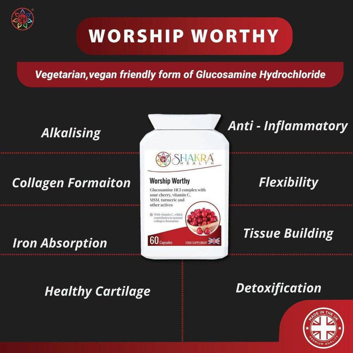 Worship Worthy supplement bottle featuring Glucosamine HCL, sour cherry, and MSM on a dark background with health benefits.
