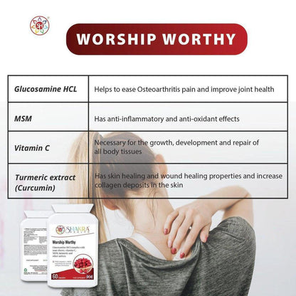Worship Worthy supplement bottles with an ingredient benefits chart and a woman holding her back in pain.