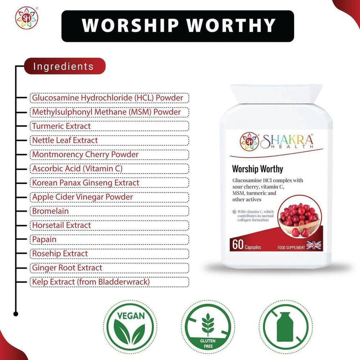 Worship Worthy supplement bottle with ingredient list, 60 capsules, and vegan, gluten-free icons on a white background.