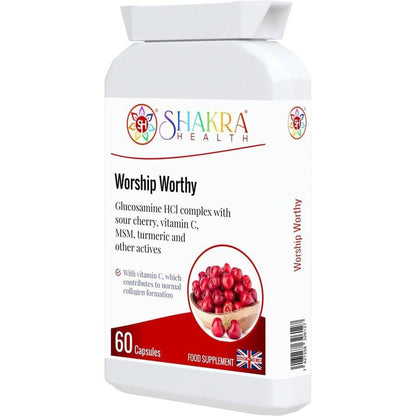 White bottle of Shakra Health Worship Worthy supplement capsules featuring a bowl of red cherries on the label.