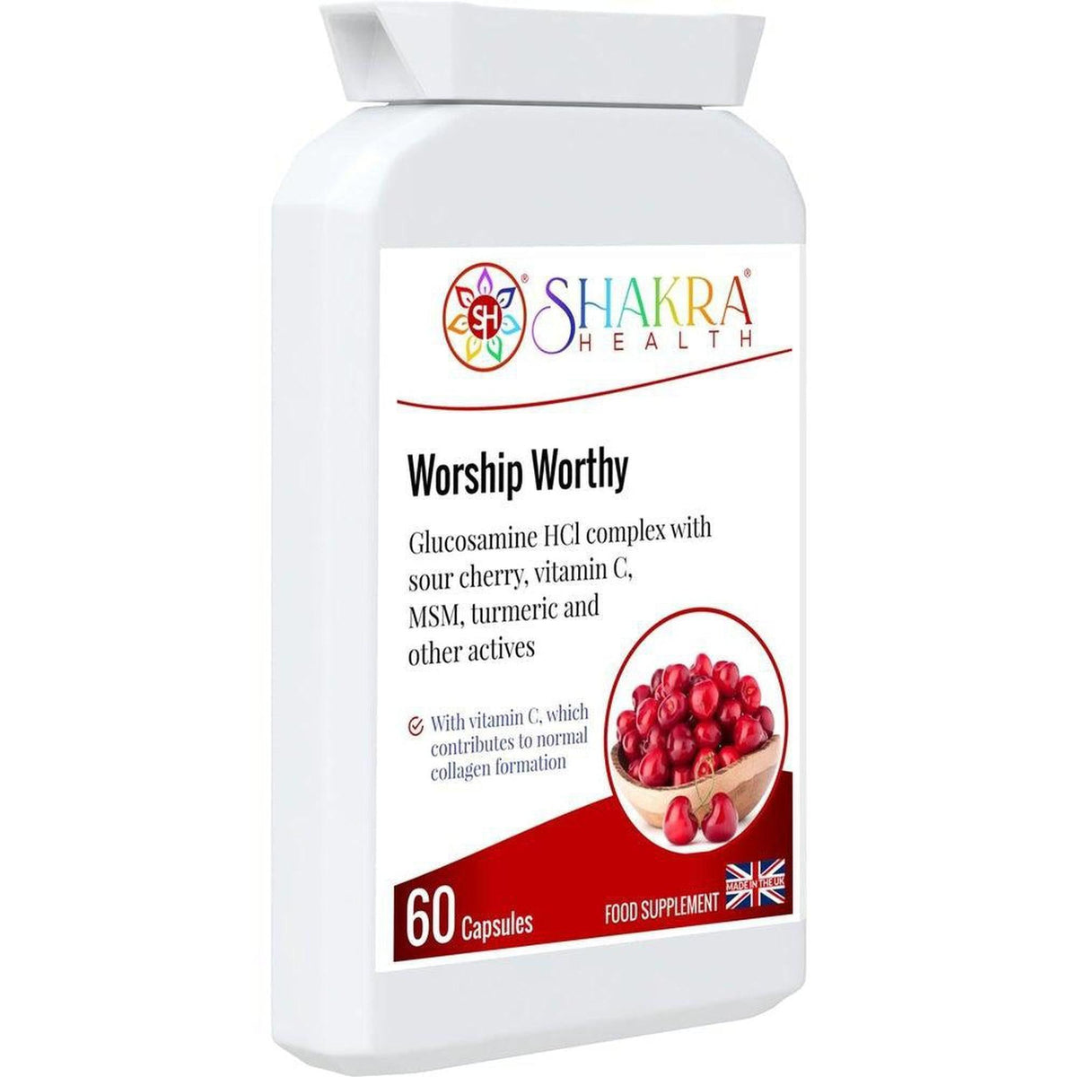 White bottle of Worship Worthy supplement with a label featuring a bowl of red cherries and Shakra Health branding.