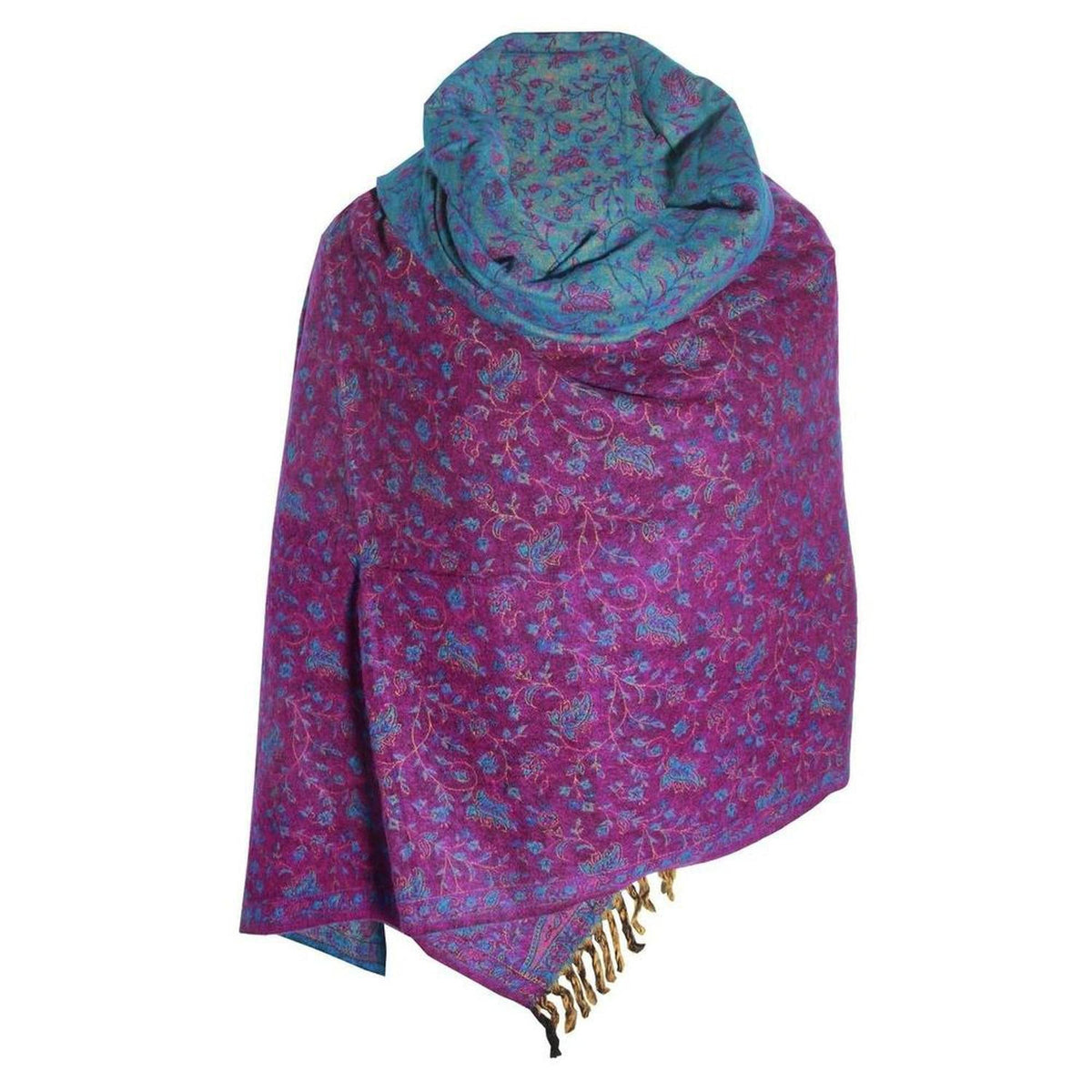 Reversible yak wool shawl in magenta and teal with intricate floral paisley patterns and fringed edges.