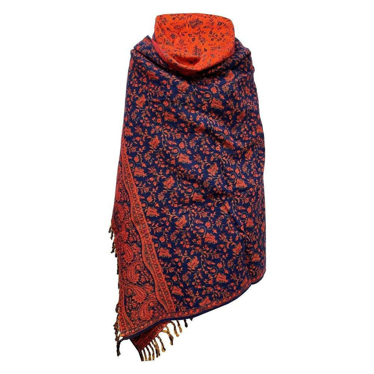 Handcrafted navy blue and orange yak wool shawl featuring intricate floral patterns and a fringed hem.