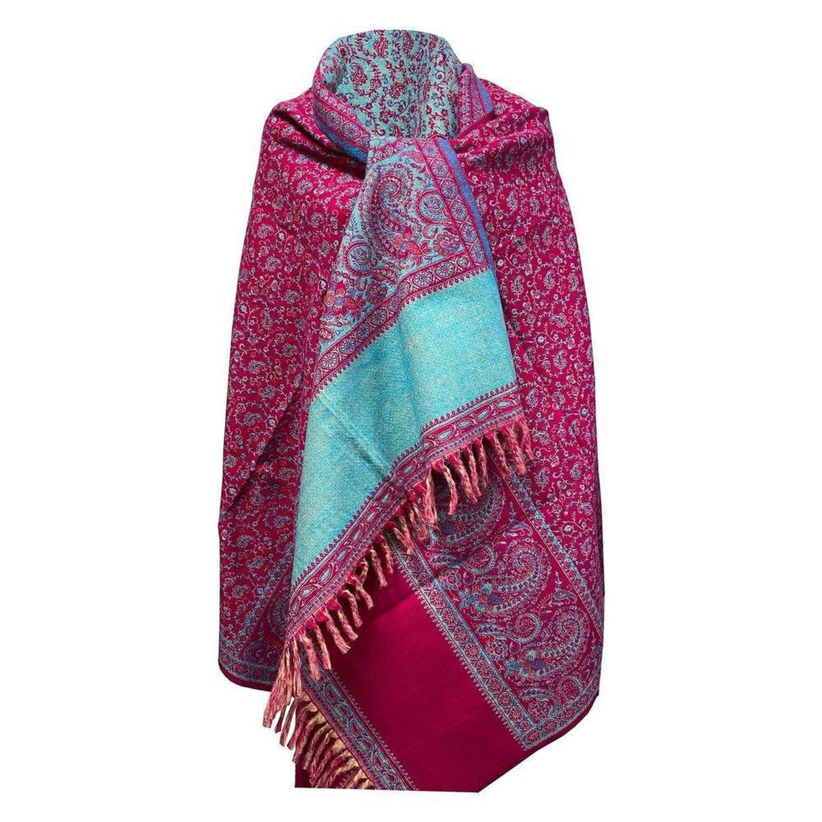 Magenta and turquoise yak wool shawl with intricate paisley patterns and fringed edges.