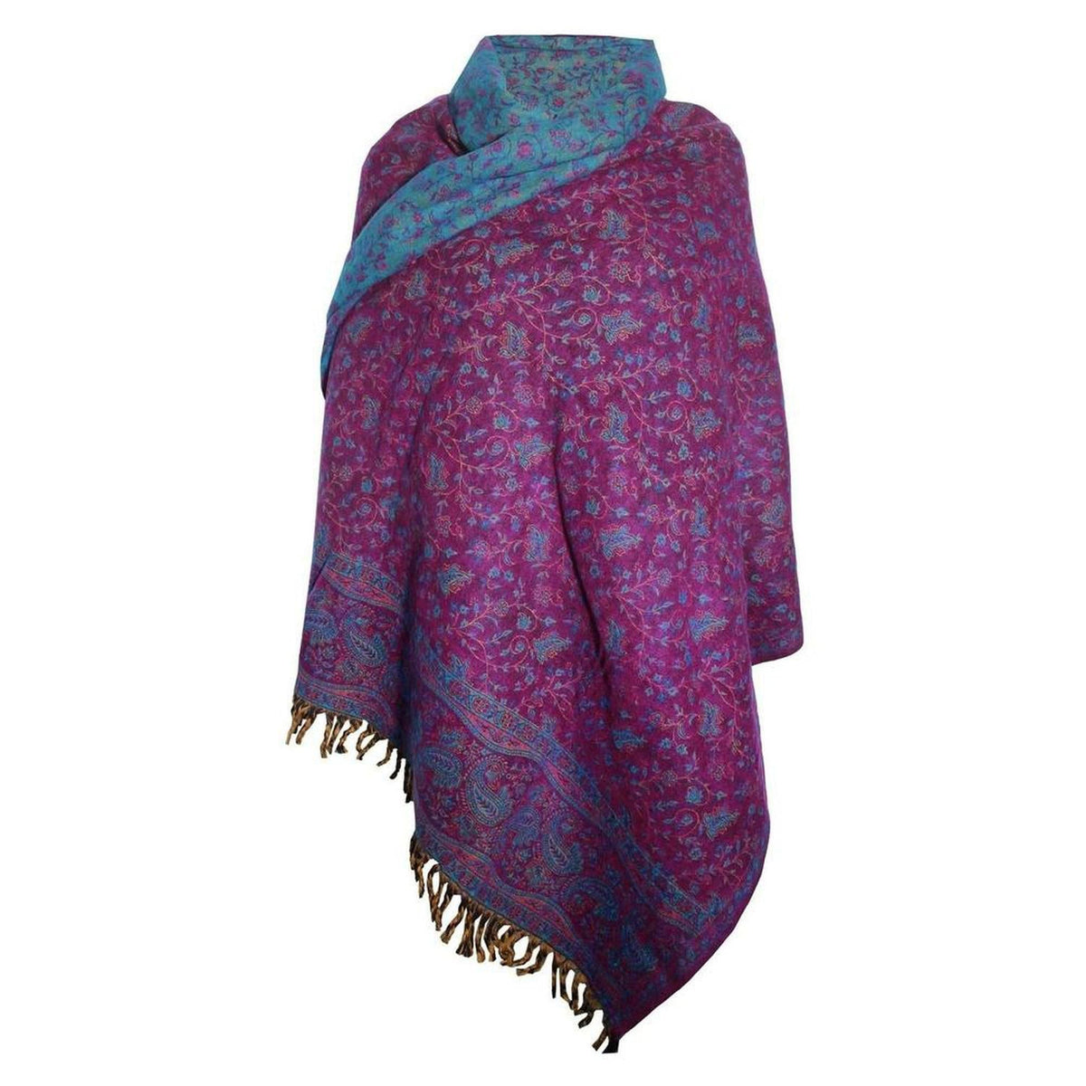 Magenta and teal yak wool shawl featuring intricate floral paisley patterns and decorative fringe trim.