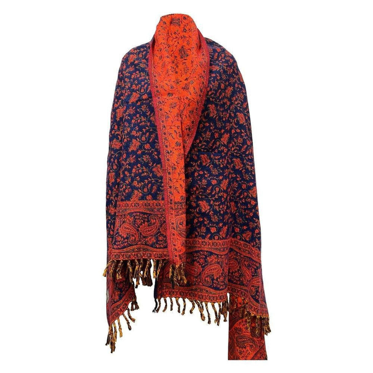 Reversible navy blue and orange yak wool shawl with intricate floral paisley patterns and decorative fringe edges.