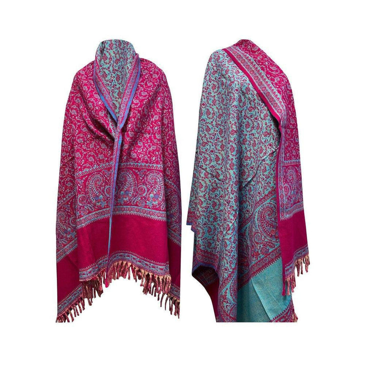 Reversible yak wool shawl in magenta and teal with intricate paisley patterns and decorative fringe edges.