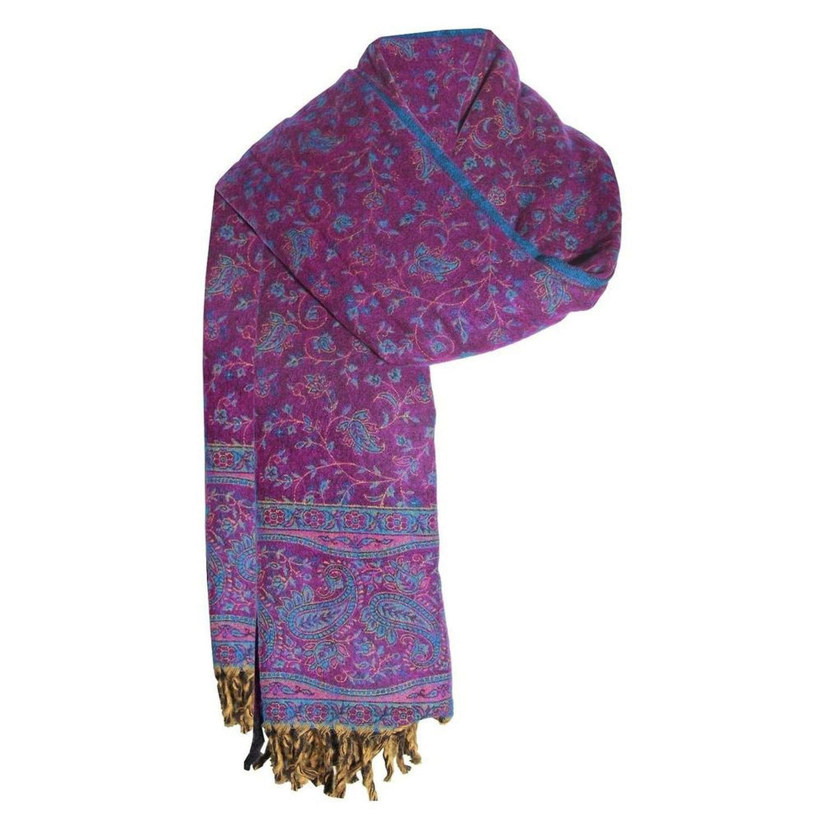 Magenta yak wool shawl with intricate blue floral paisley patterns and decorative dark fringe on a white background.